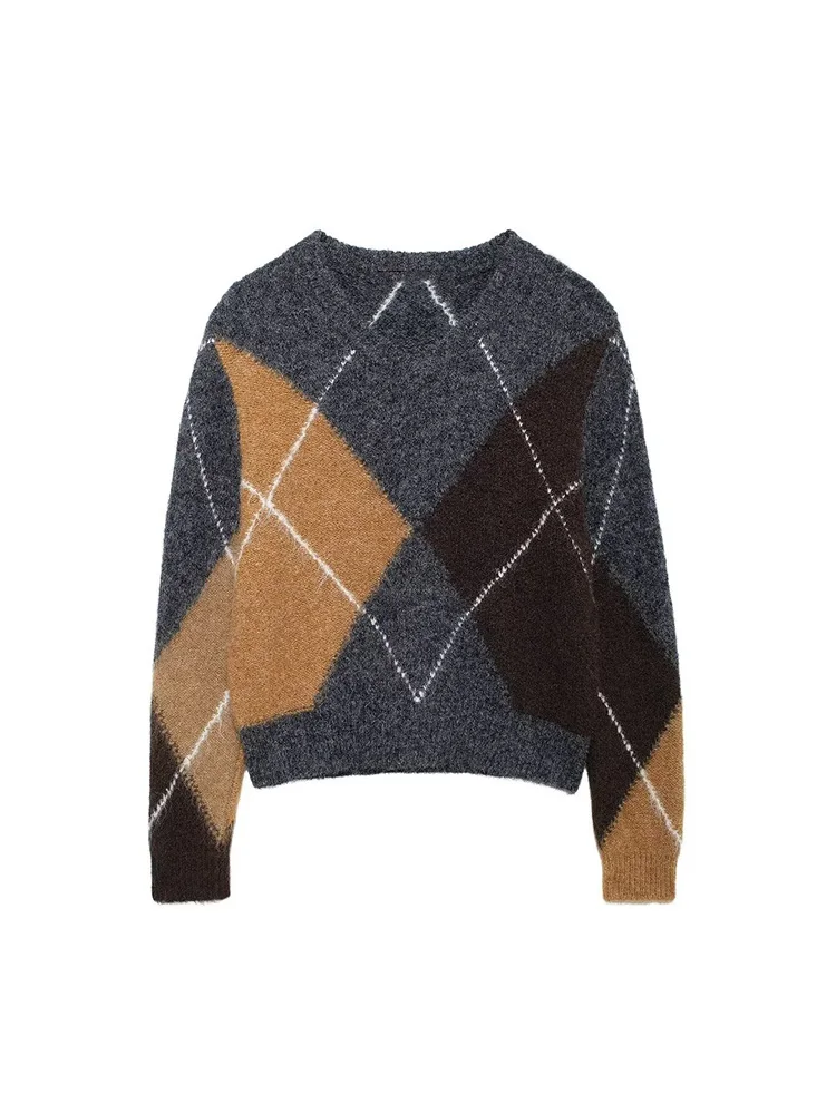 Plaid Patchwork Pullover Knitted Sweater