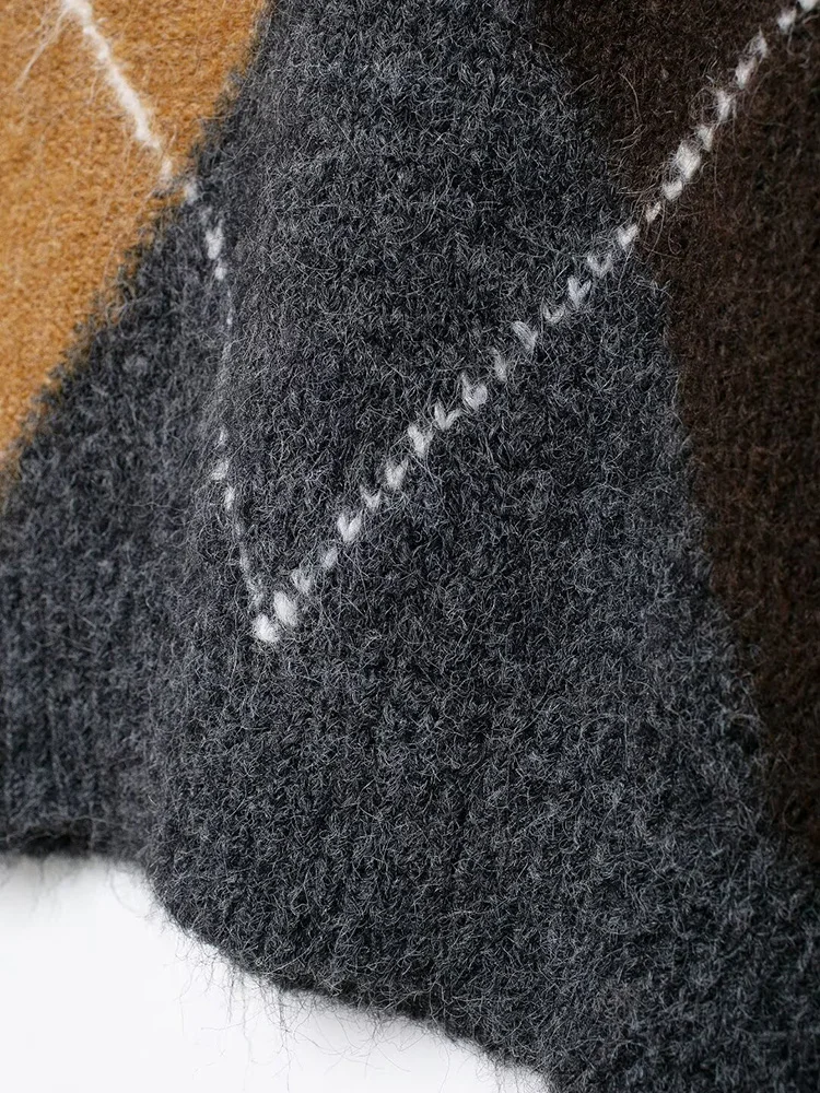 Plaid Patchwork Pullover Knitted Sweater