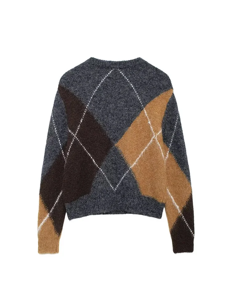 Plaid Patchwork Pullover Knitted Sweater