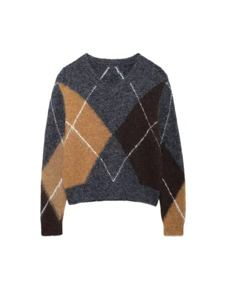 Plaid Patchwork Pullover Knitted Sweater