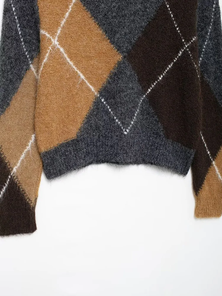 Plaid Patchwork Pullover Knitted Sweater