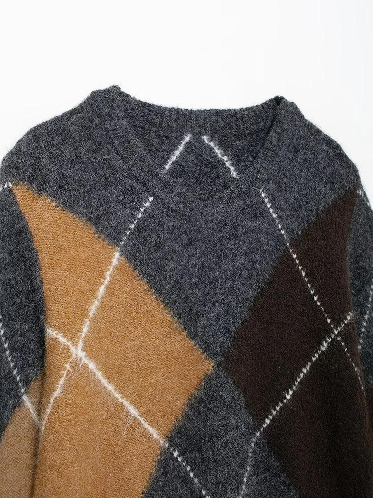 Plaid Patchwork Pullover Knitted Sweater