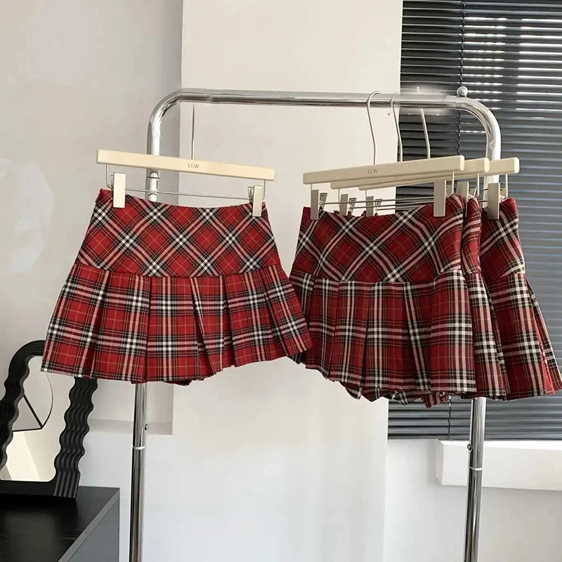 Vintage Red Plaid Pleated Skirt