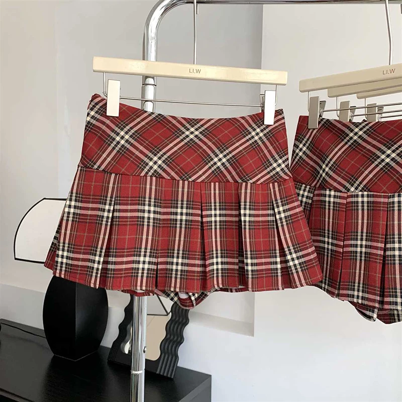 Vintage Red Plaid Pleated Skirt