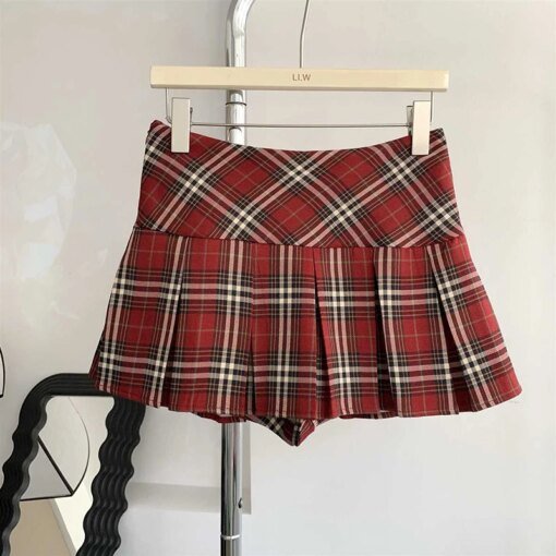 Vintage Red Plaid Pleated Skirt