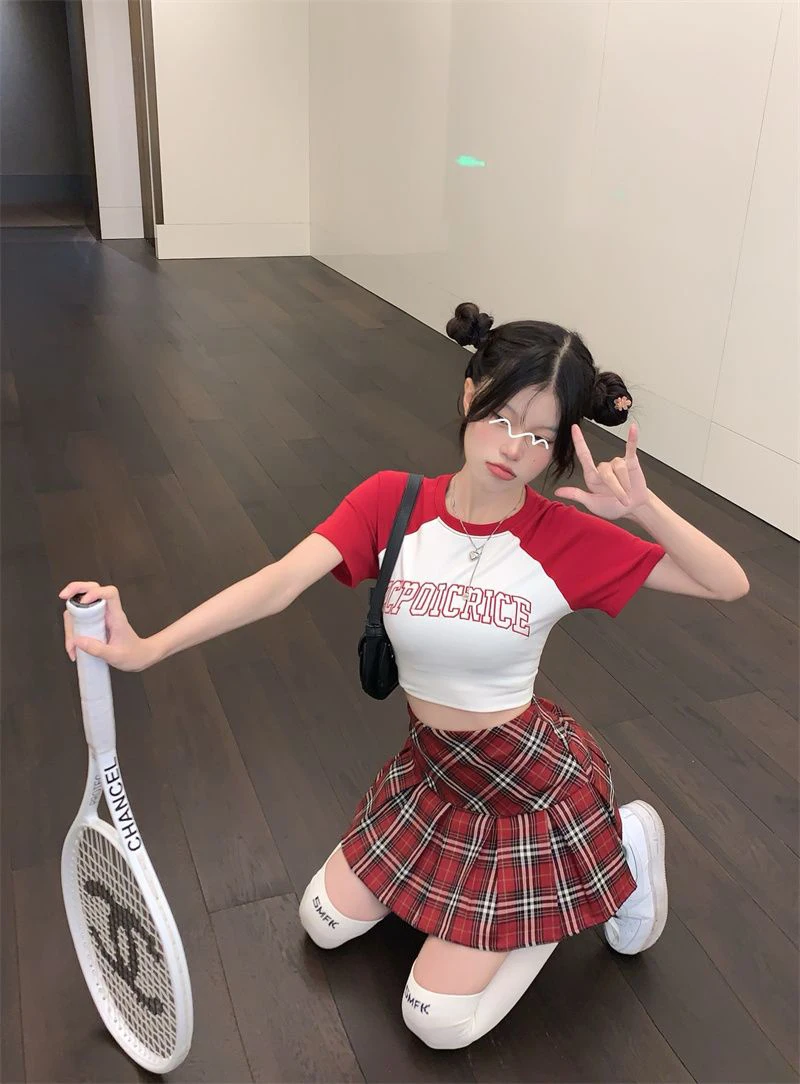 Vintage Red Plaid Pleated Skirt