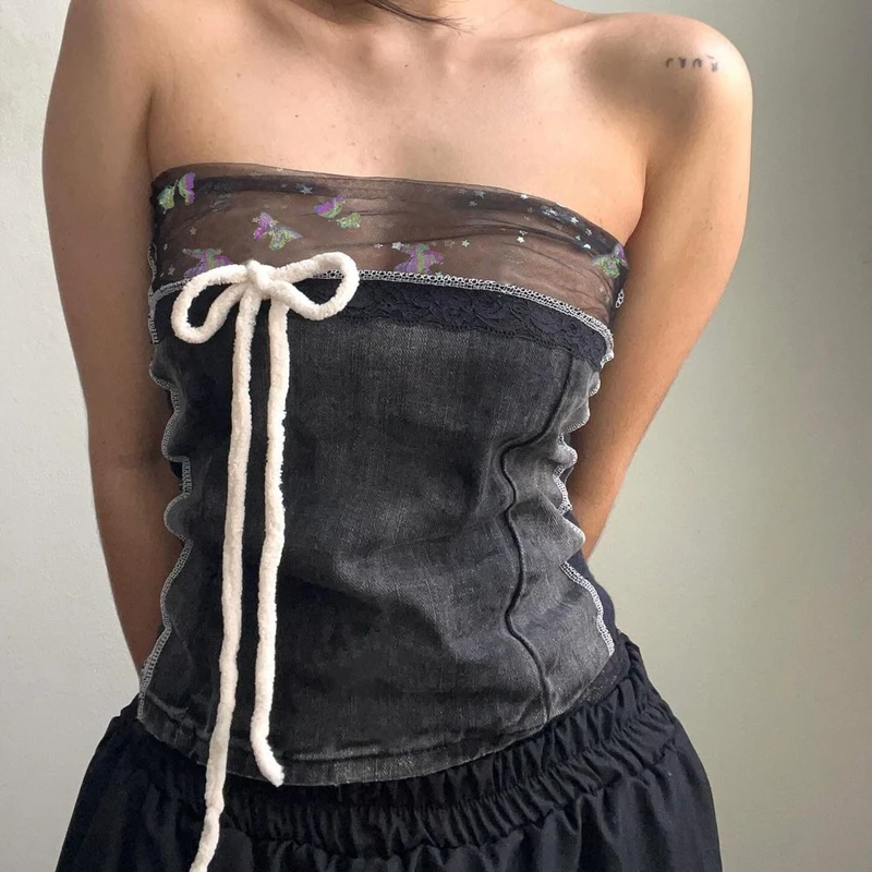 Off Shoulder Bow Lace Denim Tops