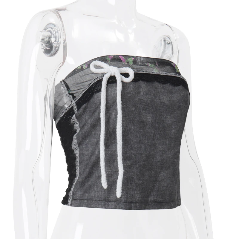 Off Shoulder Bow Lace Denim Tops