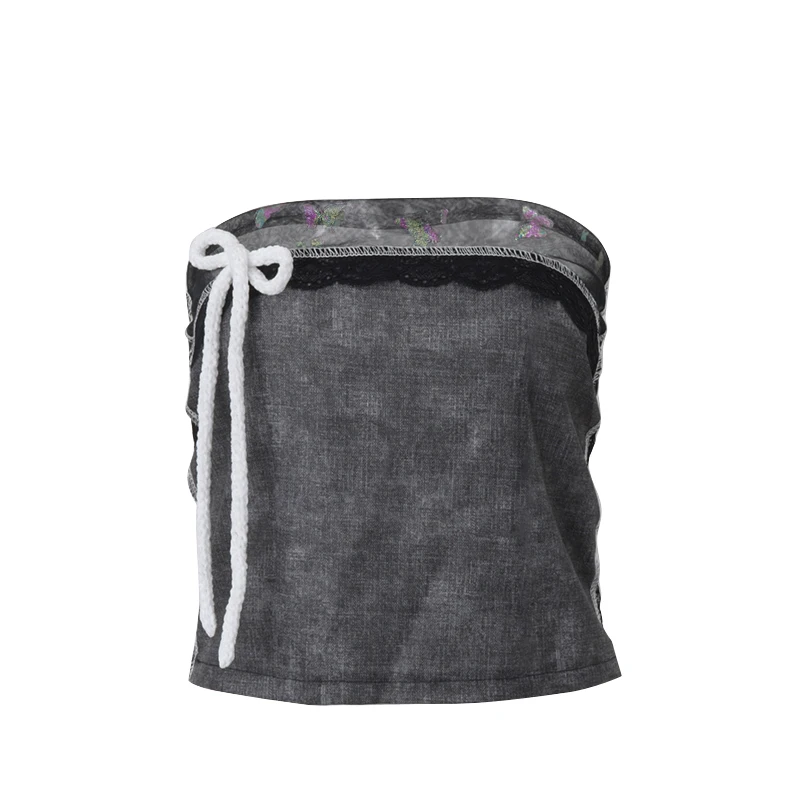 Off Shoulder Bow Lace Denim Tops