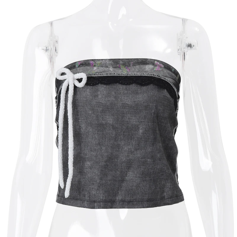 Off Shoulder Bow Lace Denim Tops