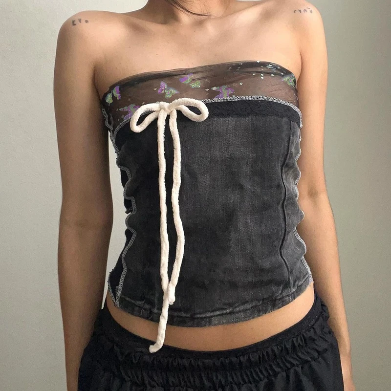 Off Shoulder Bow Lace Denim Tops