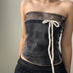 Off Shoulder Bow Lace Denim Tops