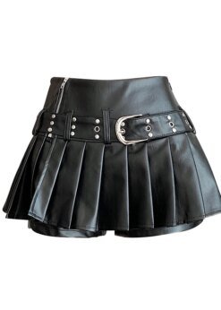 Black Gothic A-line Pleated Leather Skirt