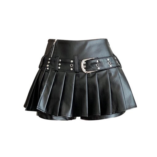 Black Gothic A-line Pleated Leather Skirt