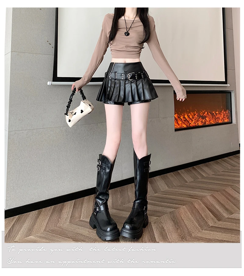 Black Gothic A-line Pleated Leather Skirt