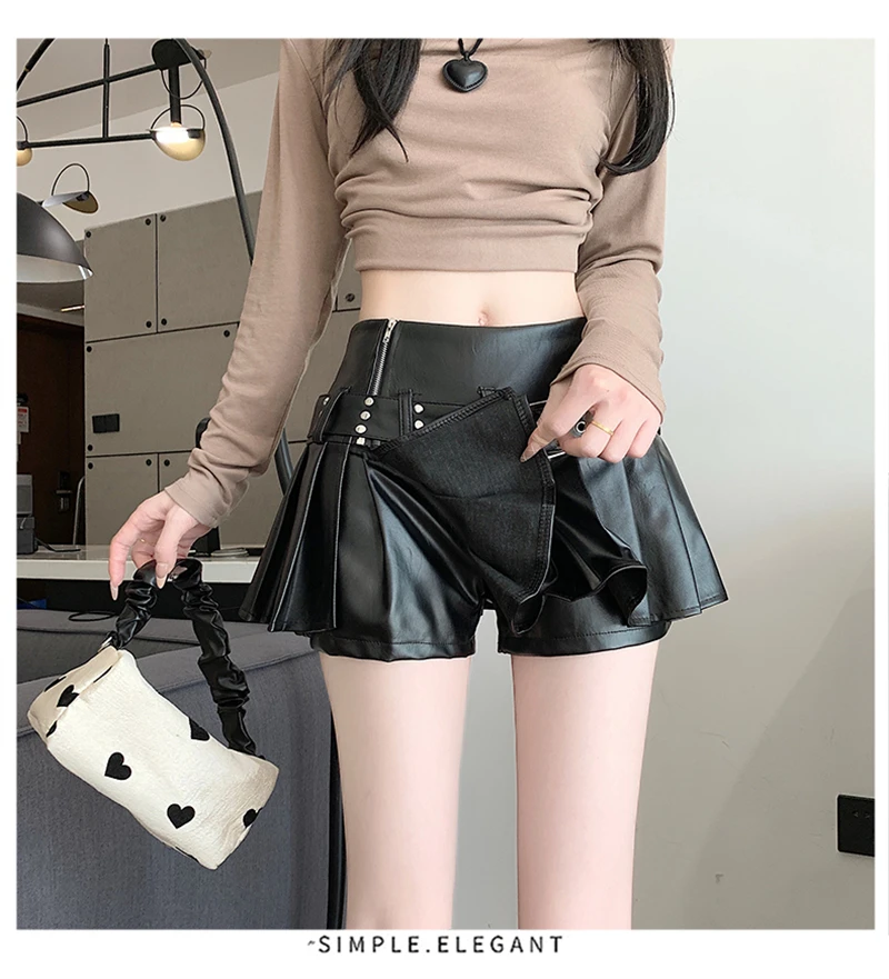 Black Gothic A-line Pleated Leather Skirt