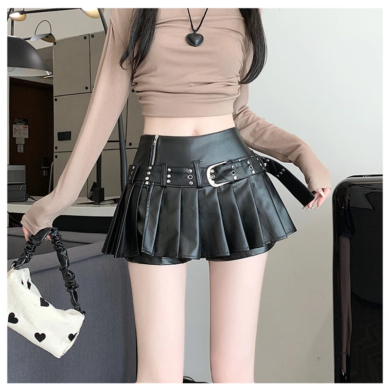 Black Gothic A-line Pleated Leather Skirt