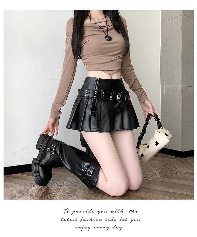 Black Gothic A-line Pleated Leather Skirt