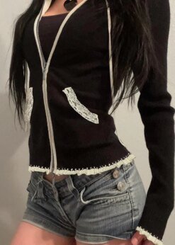 Lace Stitching Zip-up Sweater Cardigan