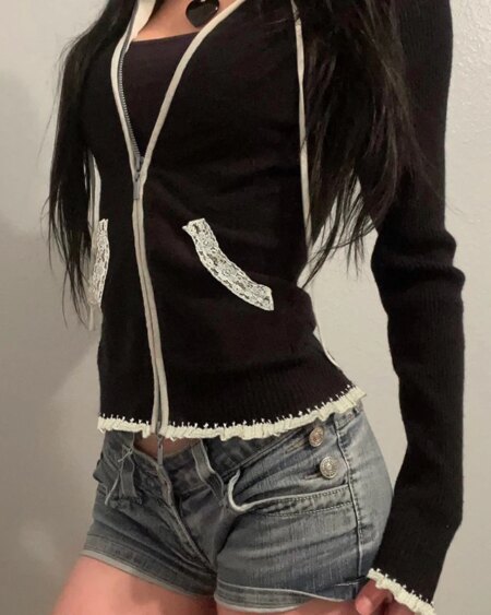 Lace Stitching Zip-up Sweater Cardigan