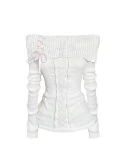 White Vintage off shoulder Knit Sweater