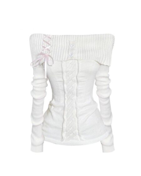 White Vintage off shoulder Knit Sweater
