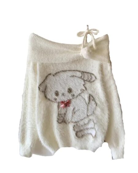 Cartoon Dog Off Shoulder Long Sleeve Sweater