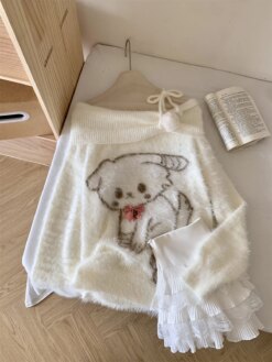 Cartoon Dog Off Shoulder Long Sleeve Sweater