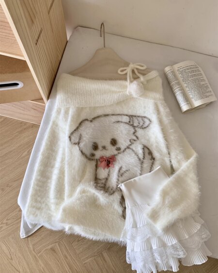 Cartoon Dog Off Shoulder Long Sleeve Sweater