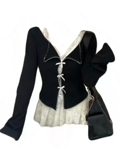 Black vintage Long Sleeve Bow top