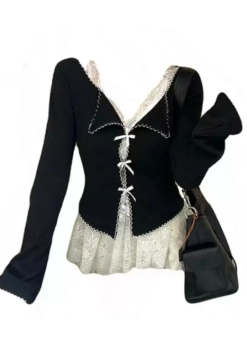 Black vintage Long Sleeve Bow top