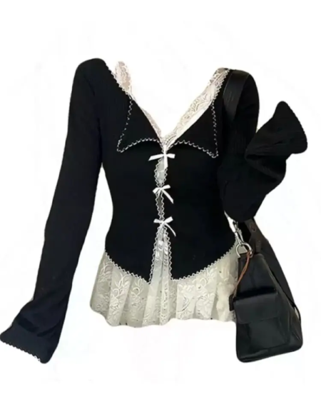 Black vintage Long Sleeve Bow top