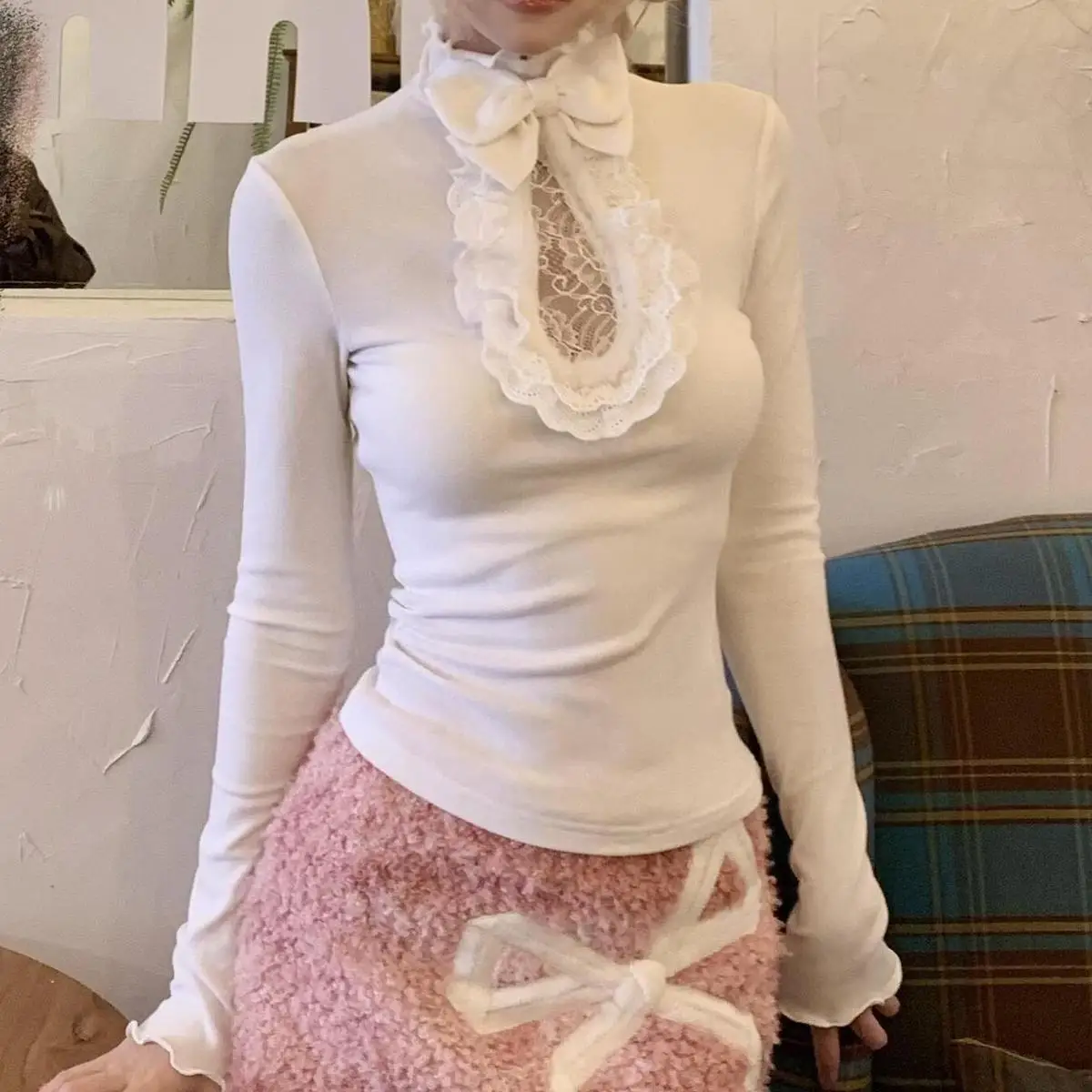 Bow Solid Long Sleeve Tees Tops