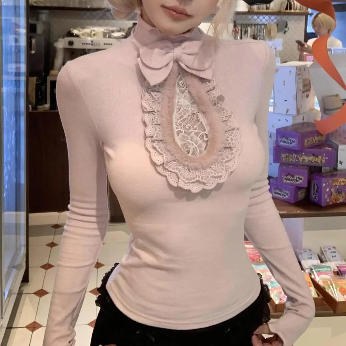 Bow Solid Long Sleeve Tees Tops