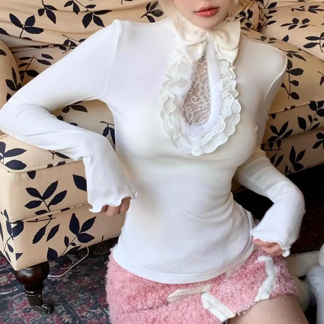 Bow Solid Long Sleeve Tees Tops