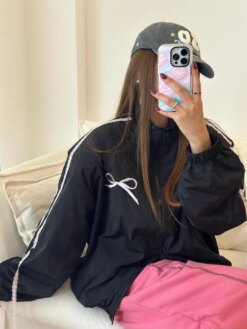 Bow Striped Patchwork Zipper Loose Sweatshirt Hoodies & Sweatshirts Outerwear