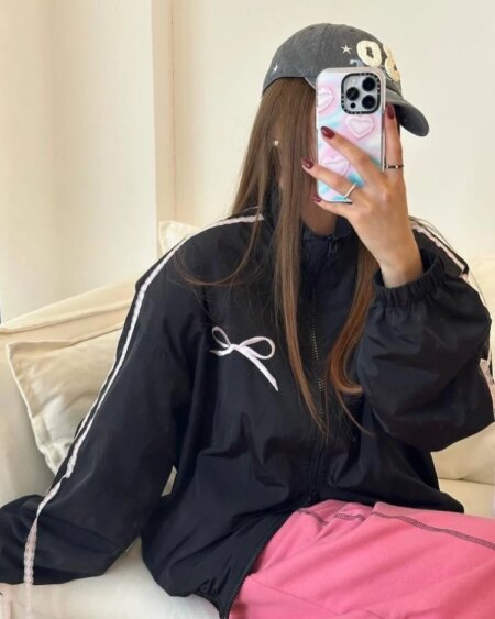 Bow Striped Patchwork Zipper Loose Sweatshirt Hoodies & Sweatshirts Outerwear