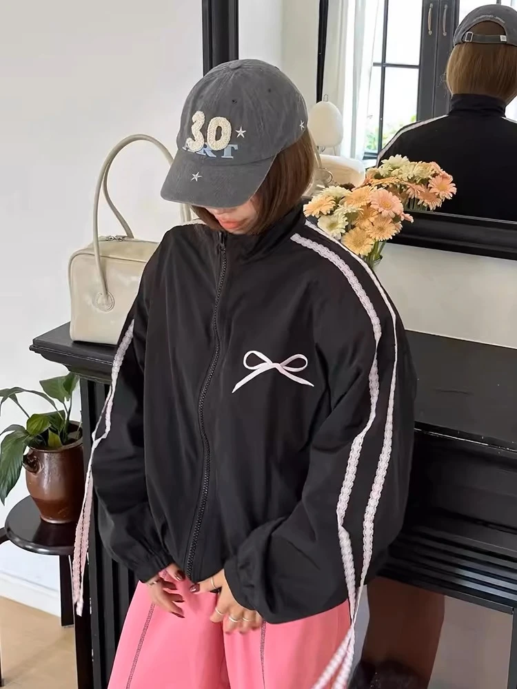 Bow Striped Patchwork Zipper Loose Sweatshirt