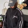 Bow Striped Patchwork Zipper Loose Sweatshirt Hoodies & Sweatshirts Outerwear