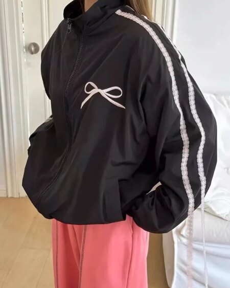 Bow Striped Patchwork Zipper Loose Sweatshirt Hoodies & Sweatshirts Outerwear