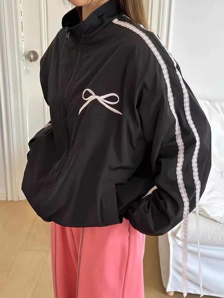 Bow Striped Patchwork Zipper Loose Sweatshirt