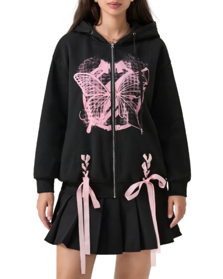 Bow Trim Butterfly Printing Hoodies