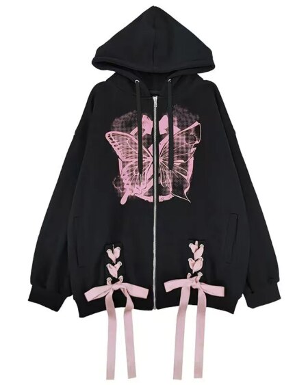 Bow Trim Butterfly Printing Hoodies