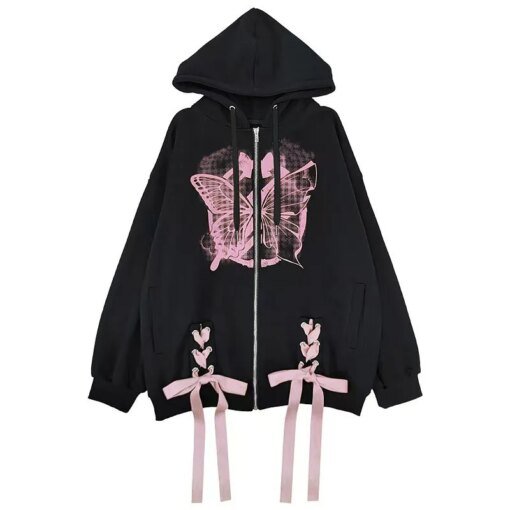 Bow Trim Butterfly Printing Hoodies