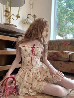 Floral Dress with Red Short Cardigan