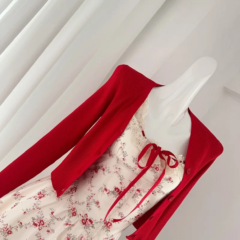Floral Dress with Red Short Cardigan