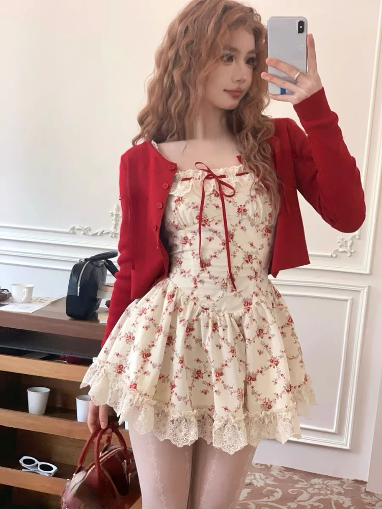 Floral Dress with Red Short Cardigan