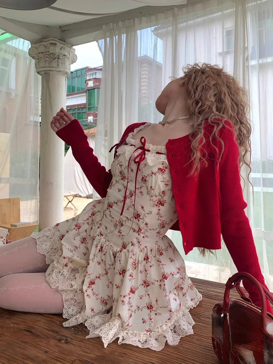 Floral Dress with Red Short Cardigan