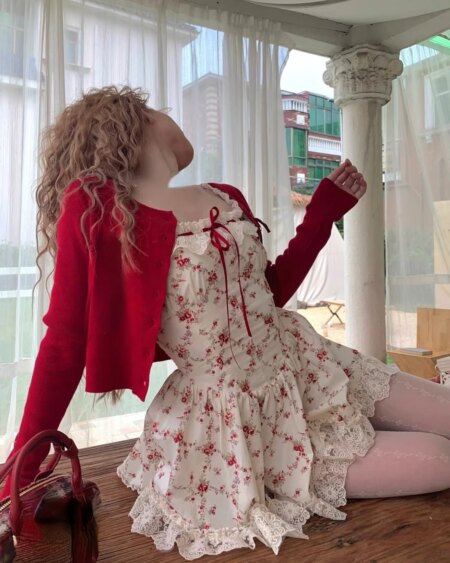 Floral Dress with Red Short Cardigan
