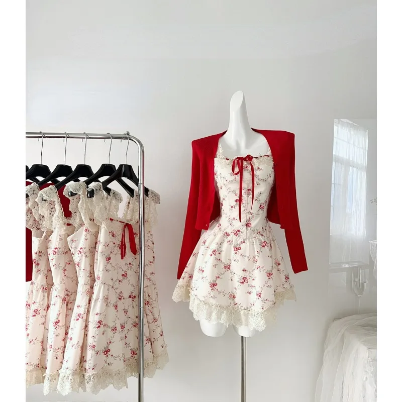 Floral Dress with Red Short Cardigan